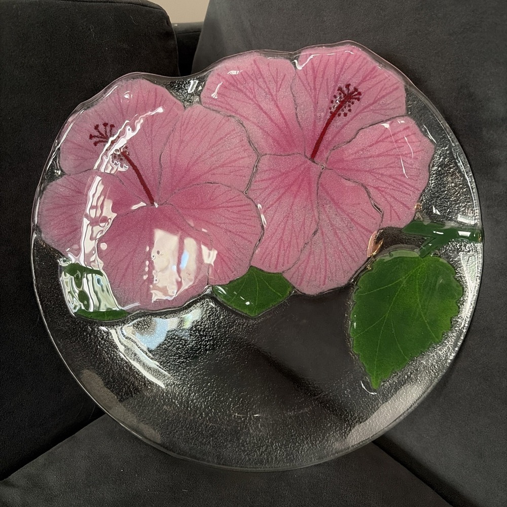 Peggy Karr Fused Glass 11.5" Plate Pink HIBISCUS Flowers Tropical - Unsigned